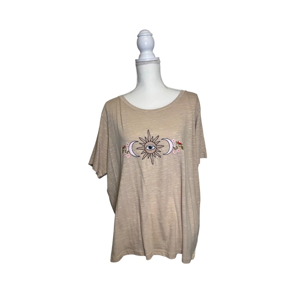 Lucky‎ Brand Women's Tan Sun + Moon Embroidered Short Sleeve Shirt Size XXL